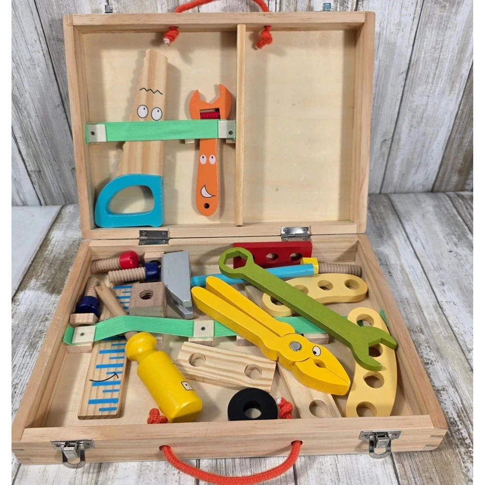 Kids Wooden Tool Box Set Pretend Play Construction Kit Montessori Toy Case